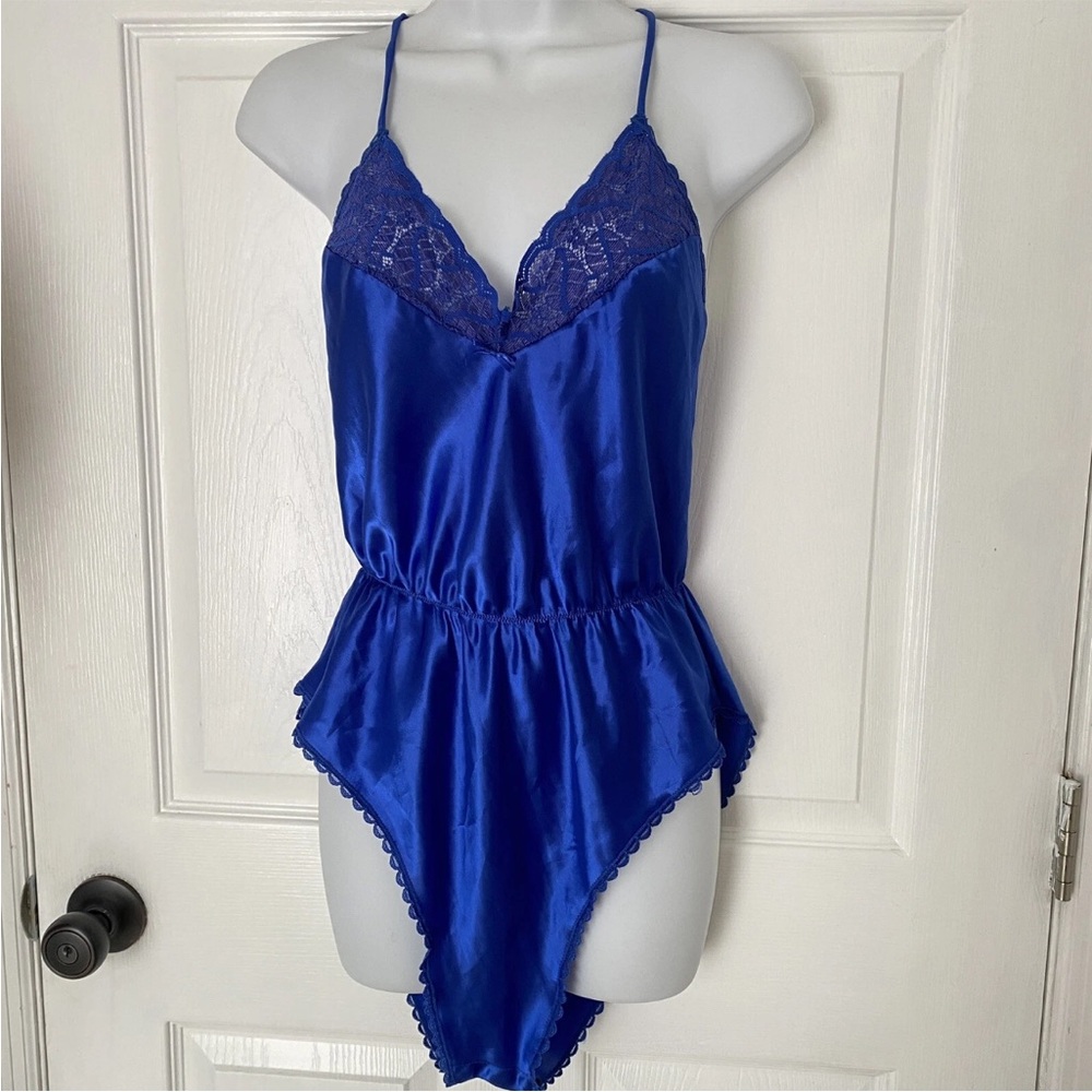 Vintage Lingerie Small silky satin Bodysuit One Piece teddy Blue Sexy Lace
